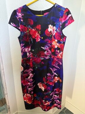 Floral Sheath Dress in Navy with Pink & Red Blooms